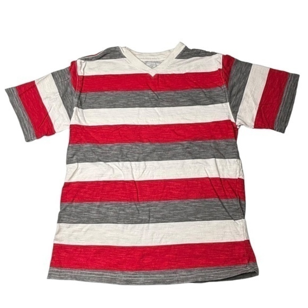 Faded Glory Boys Top Size L 10 12 Red White Gray Striped V Neck Short Sleeve Top
